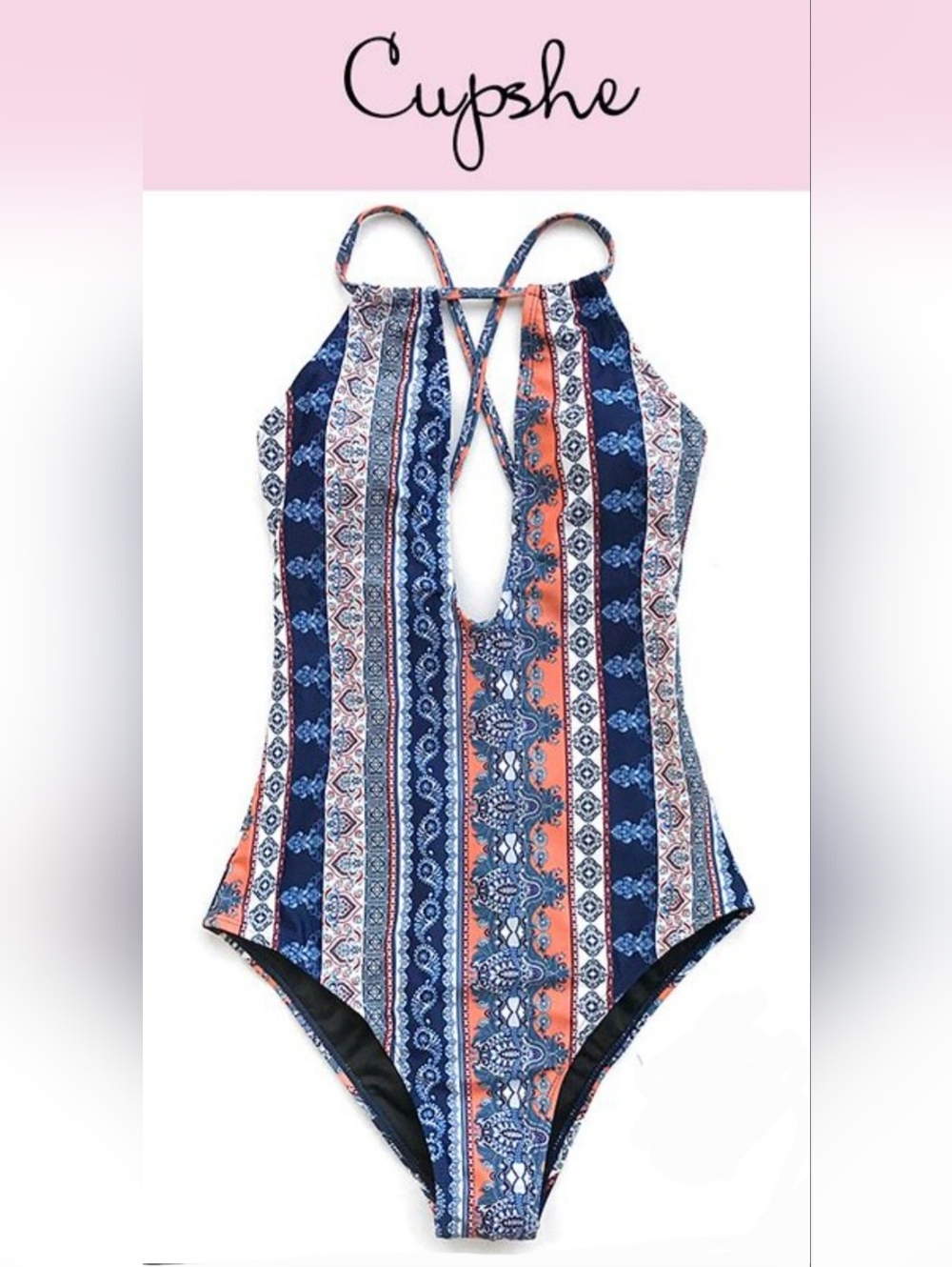 Cupshe Fleet of Time Print One-piece Swimsuit Halter Style Size Large Keyhole